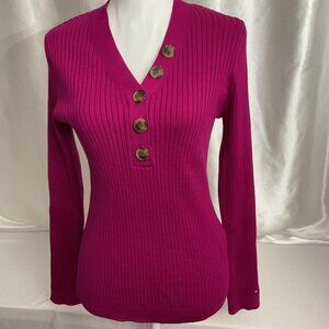 Tommy Hilfiger  stretch Womens Ribbed Knit Long Sleeve Sweater V-Neck Button-Fro